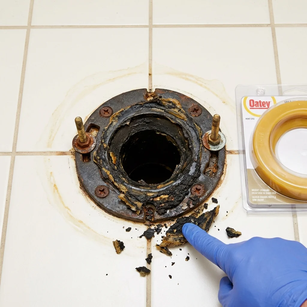 Failed wax ring showing water seepage at the base of a toilet in a Fairmont, NC home